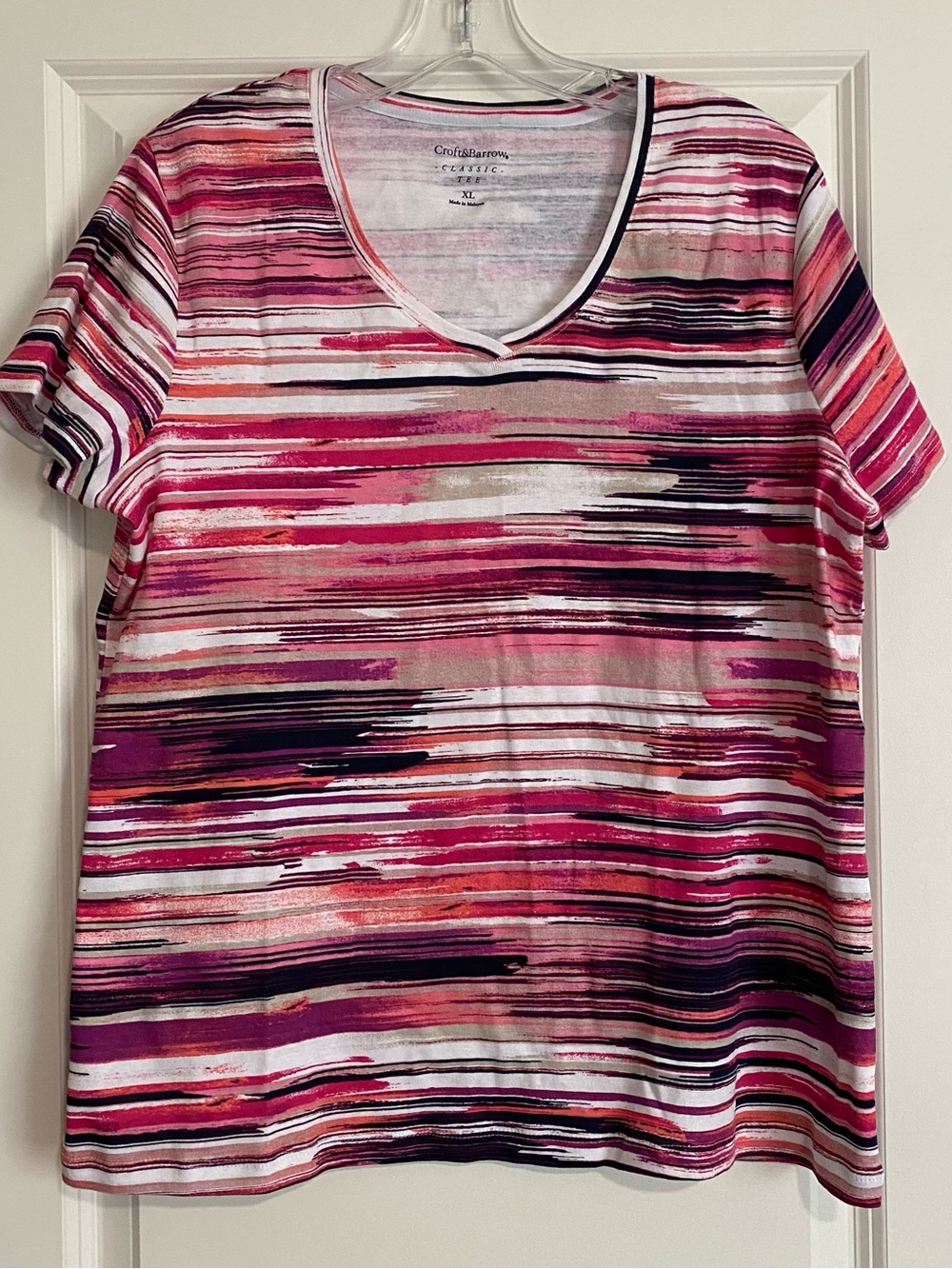 croft & barrow Pink and Purple Striped V-Neck Short Sleeve Top